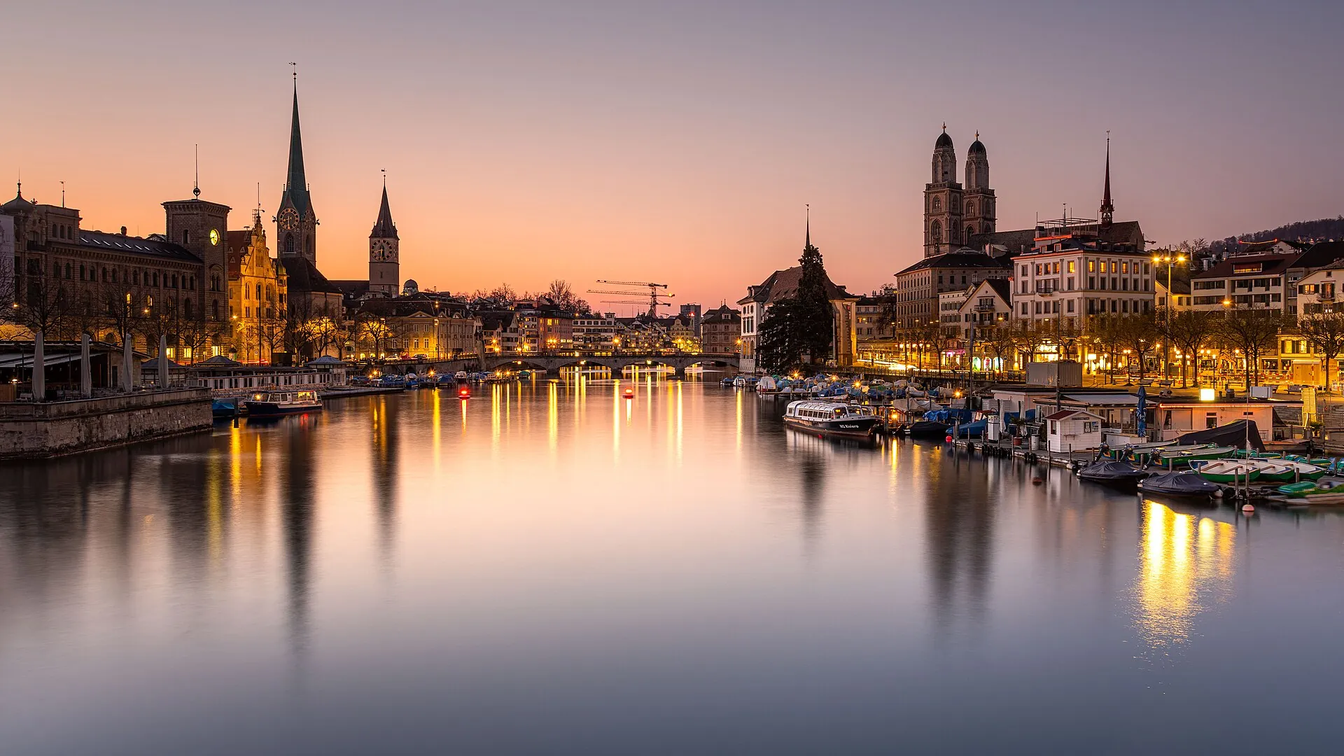 Zurich Old Town and the Limmat after sunset